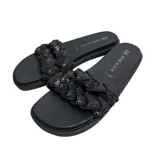 Anne Klein Sandals Women 9 Black Journi Rhinestone Embellished Flat Slides
